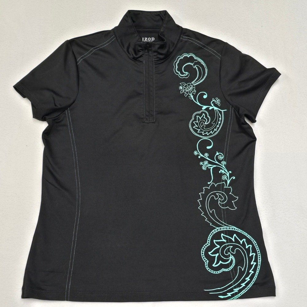 IZOD PerformX Cool FX Womens Medium Black Teal Floral Quarter Zip Golf Polo